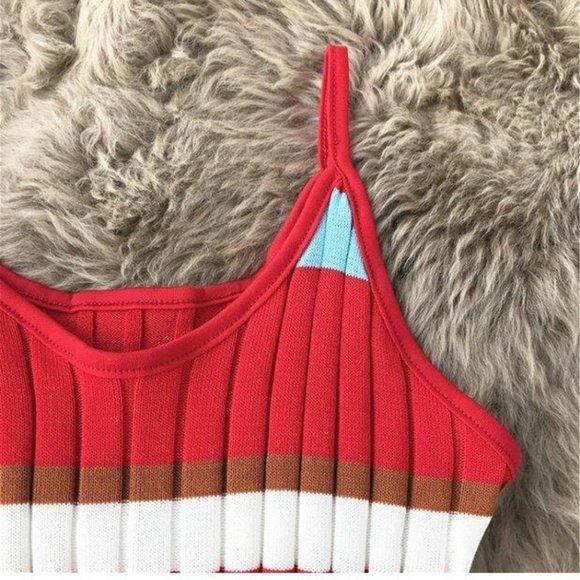 Women Ribbed Woven Bodycon Dress Small S Blue Red White Stretch Wide Stripes - Picture 13 of 15